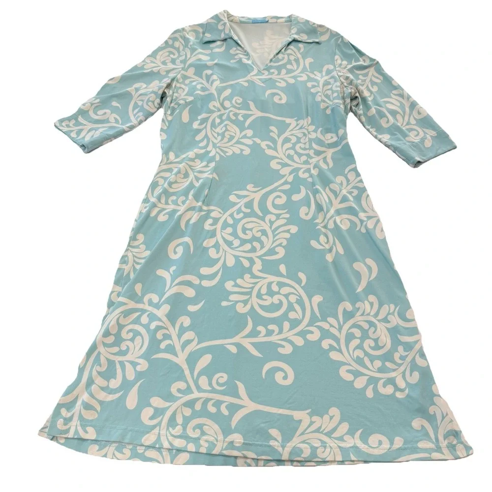 J. McLaughlin Blue Catalina Cloth 3/4 Sleeve Stretch Cadence Dress Size MEDIUM - Picture 2 of 12